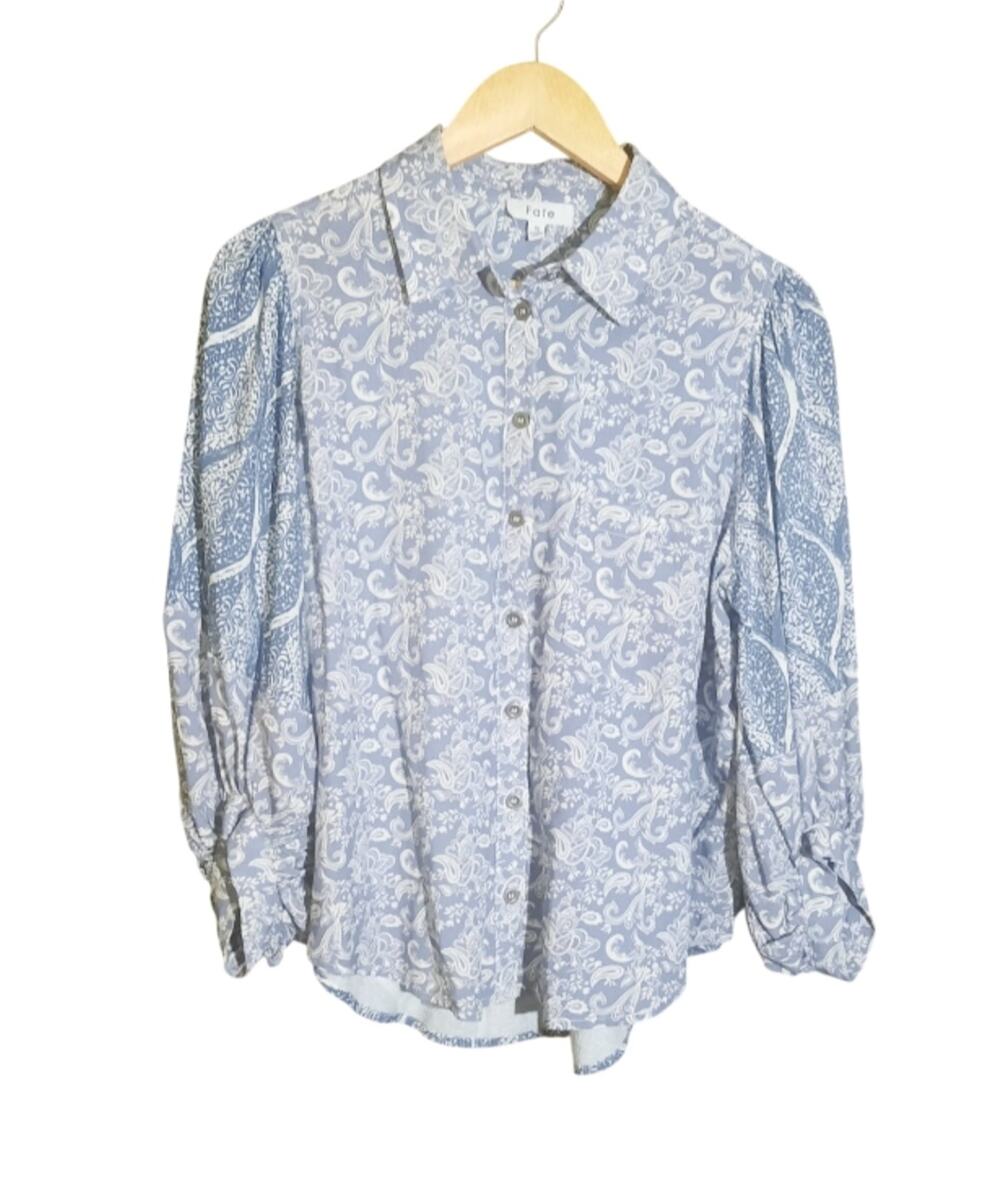 Fate Womens Blue & White Paisley Print Button Front Puff Sleeves Top Size S